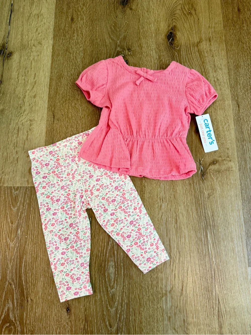 Carter's Coral Pink Smocked Top with Floral Leggings
